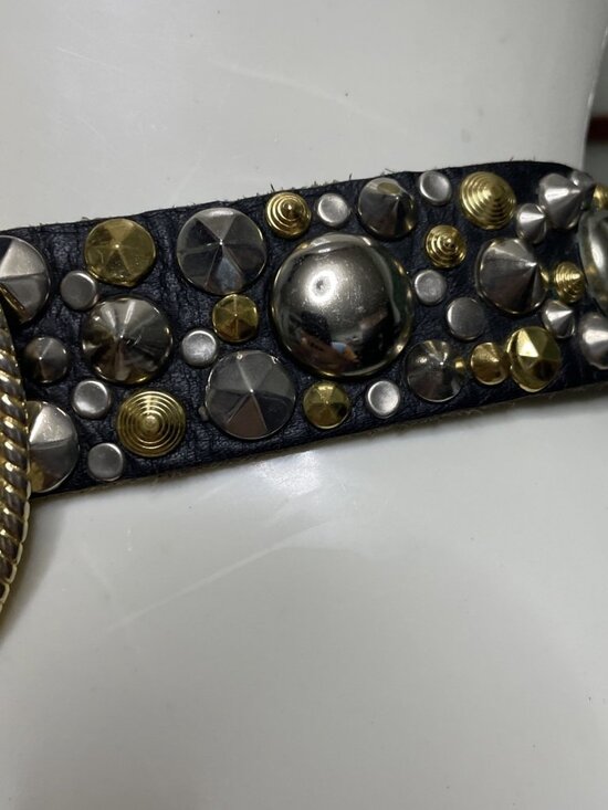 Michael Morrison Small Black Leather Gold & Silver Buckle Studded Statement Belt - Picture 7 of 11